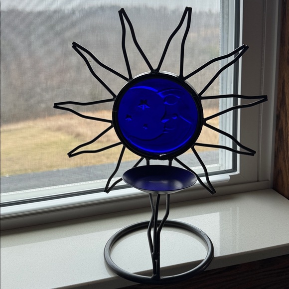 Cobalt Blue Sun and Moon Metal Art Candle Holder - Picture 6 of 10